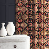 Velvet curtain in a printed velvet fabric with an oriental geometric design in multicolours