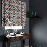 Velvet blind upholstered in a printed velvet fabric with an oriental geometric design in multicolours
