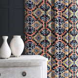 Velvet curtain in a printed velvet fabric with an oriental geometric design in multicolours