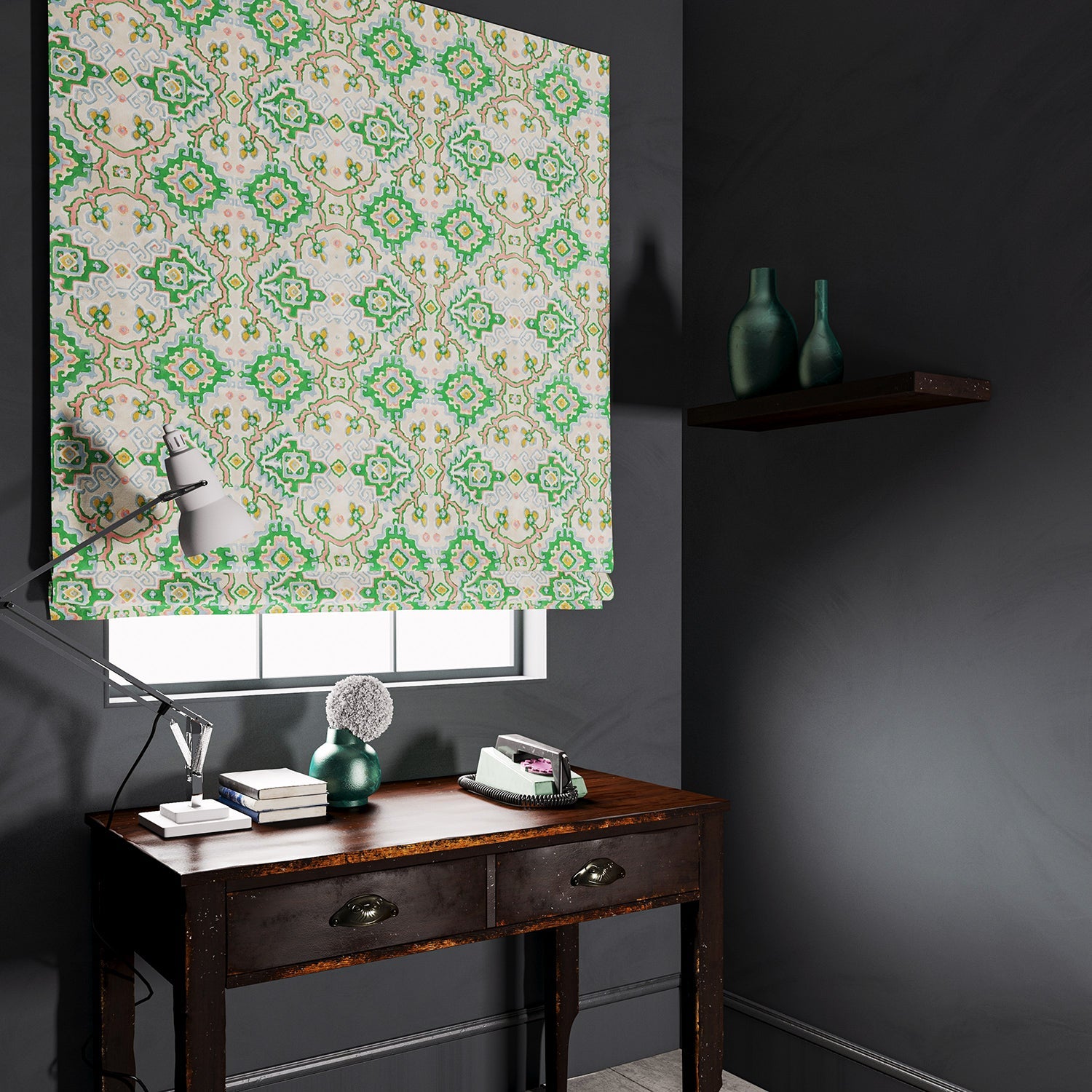 Velvet blind upholstered in a printed velvet fabric with an oriental geometric design in multicolours