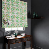 Velvet blind upholstered in a printed velvet fabric with an oriental geometric design in multicolours