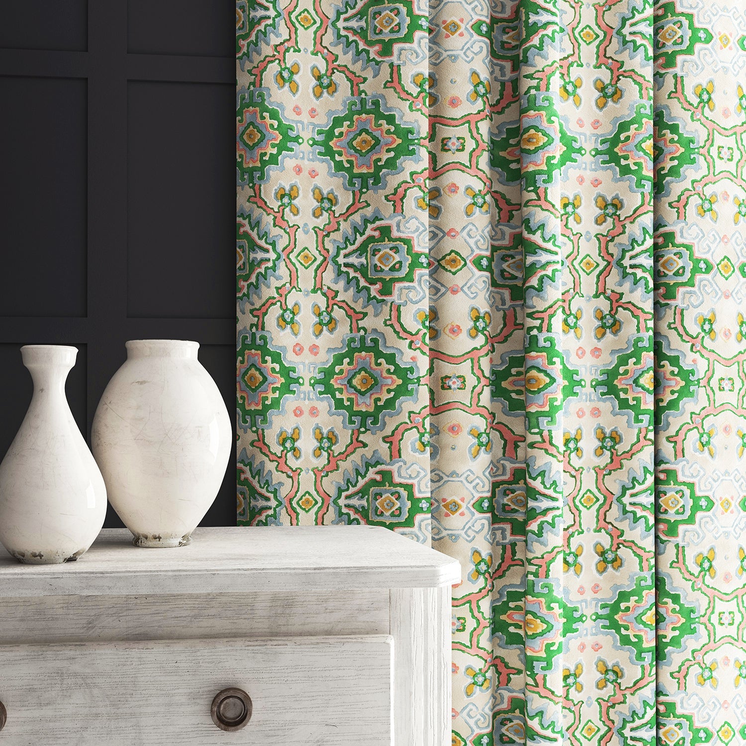 Velvet curtain in a printed velvet fabric with an oriental geometric design in multicolours
