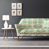 Velvet sofa upholstered in a printed velvet fabric with an oriental geometric design in multicolours