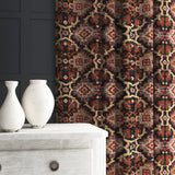 Velvet curtain in a printed velvet fabric with an oriental geometric design in multicolours