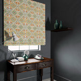 Velvet blind upholstered in a printed velvet fabric with an oriental geometric design in multicolours