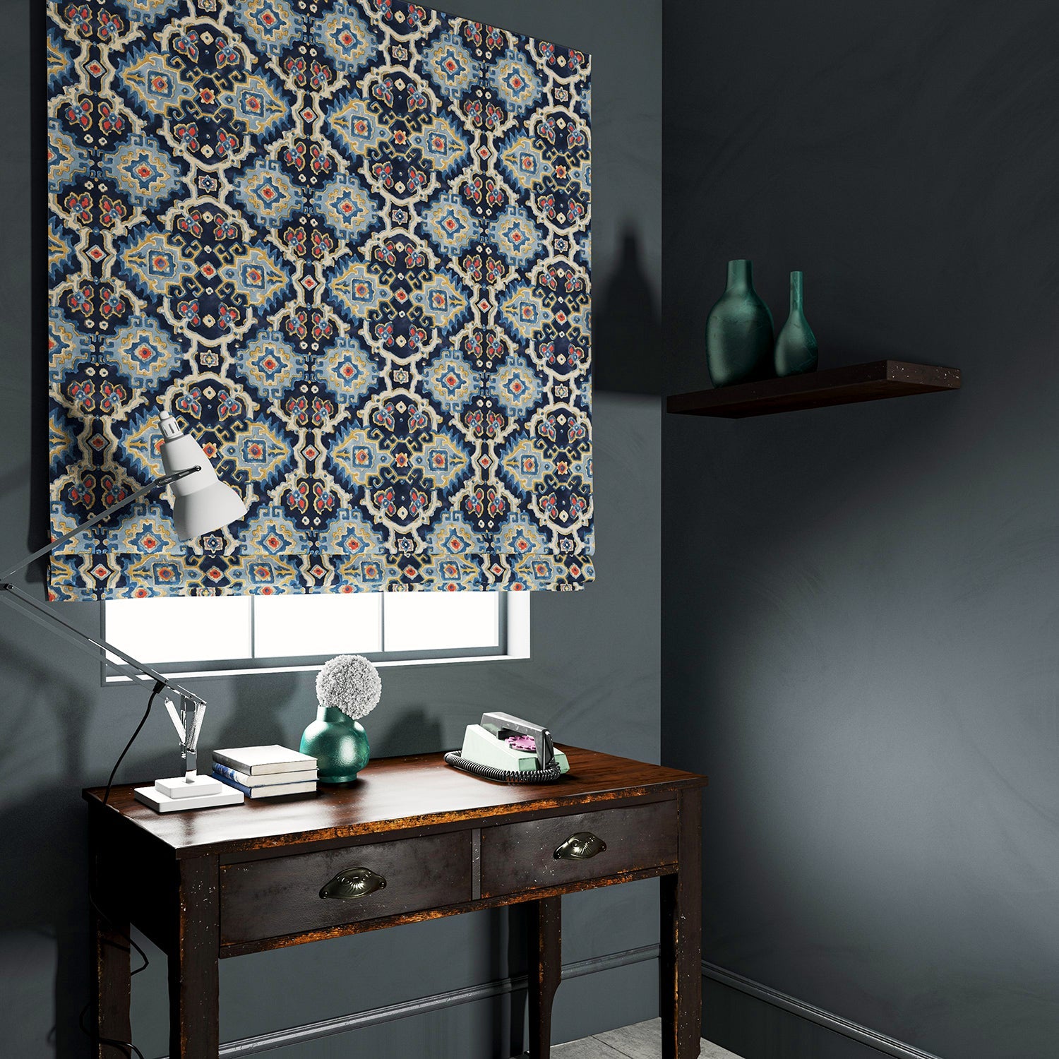 Velvet blind upholstered in a printed velvet fabric with an oriental geometric design in blue colours