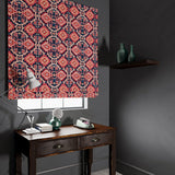 Velvet blind upholstered in a printed velvet fabric with an oriental geometric design in pink and purple colours