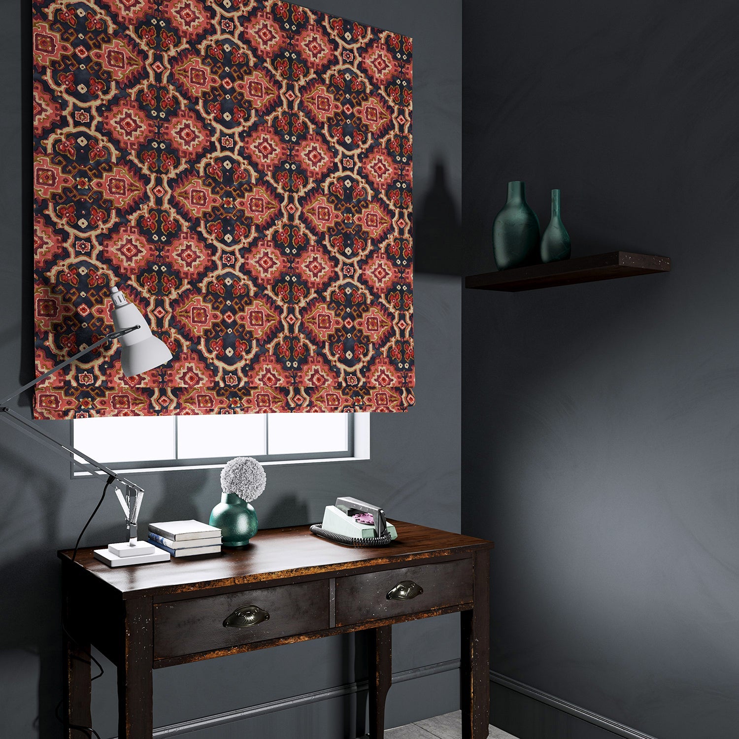 Velvet blind upholstered in a printed velvet fabric with an oriental geometric design in red colours