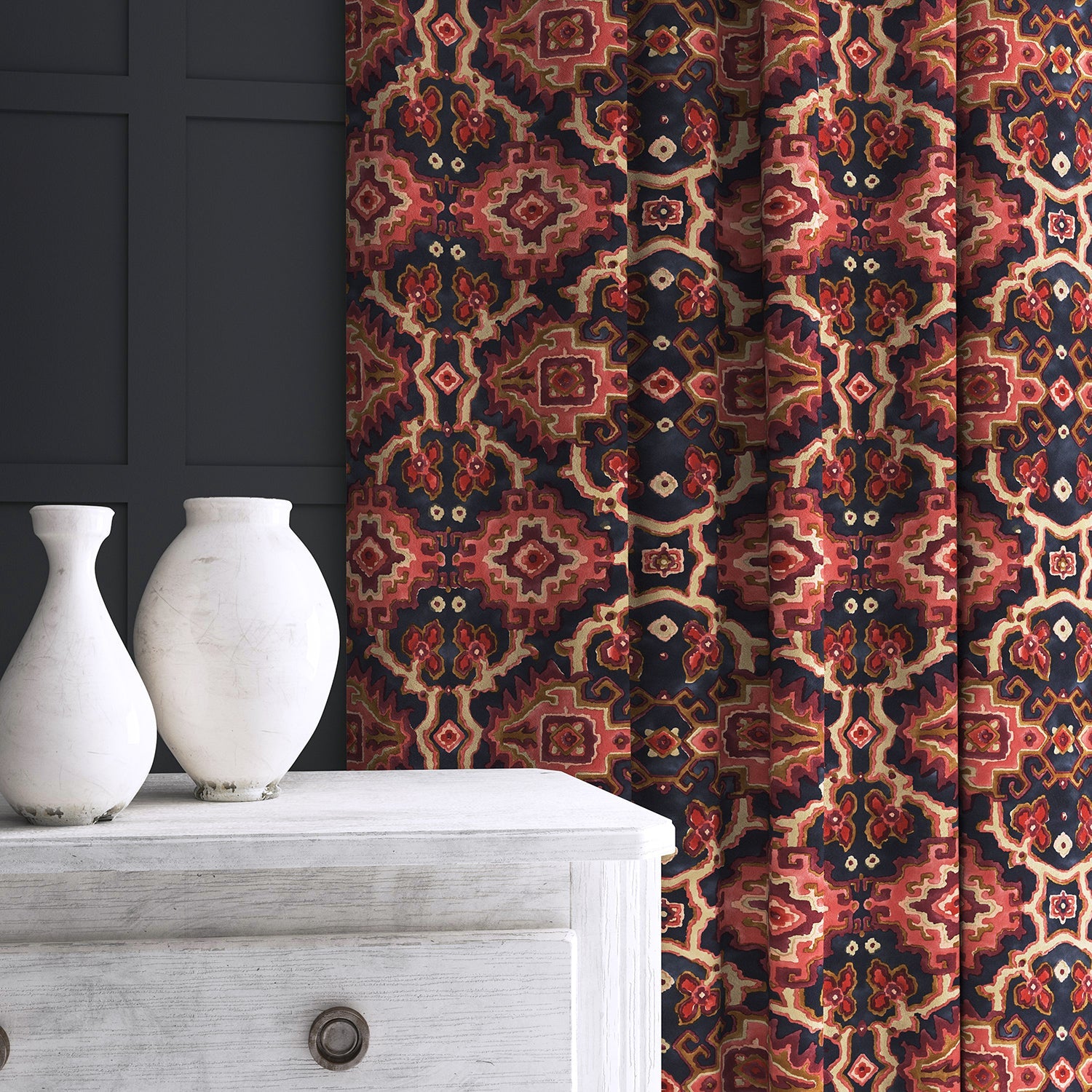 Velvet curtain in a printed velvet fabric with an oriental geometric design in red colours