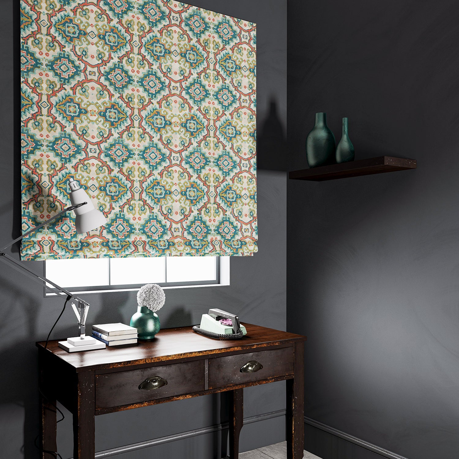 Velvet blind upholstered in a printed velvet fabric with an oriental geometric design in blue colours