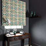 Velvet blind upholstered in a printed velvet fabric with an oriental geometric design in blue colours