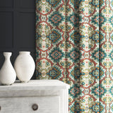 Velvet curtain in a printed velvet fabric with an oriental geometric design in blue colours