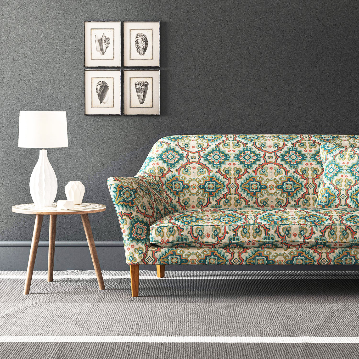 Velvet sofa upholstered in a printed velvet fabric with an oriental geometric design in blue colours