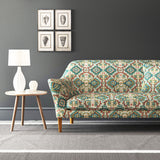 Velvet sofa upholstered in a printed velvet fabric with an oriental geometric design in blue colours