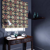 Velvet blind upholstered in a printed velvet fabric with an oriental geometric design in multicolours