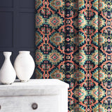 Velvet curtain in a printed velvet fabric with an oriental geometric design in multicolours