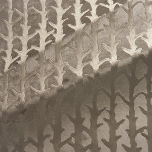 Fabric swatch of a bronze velvet fabric with abstract branch design, suitable for curtains and upholstery 