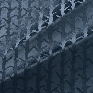 Fabric swatch of a dark blue velvet fabric with abstract branch design, suitable for curtains and upholstery 