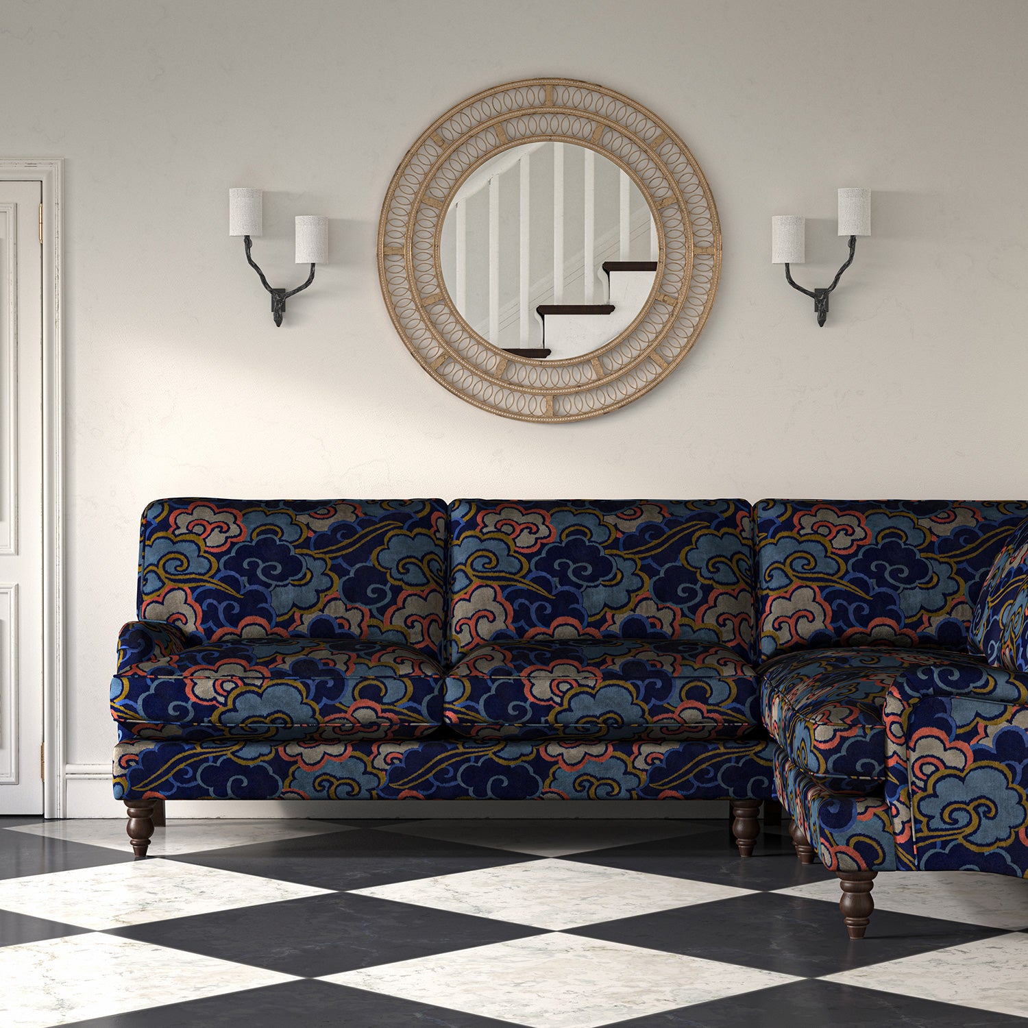 Velvet sofa upholstered in a printed velvet fabric with enchanting landscape of abstract clouds design in multicolours.