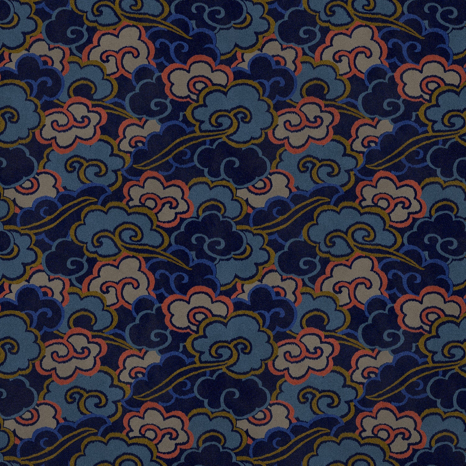 Printed velvet fabric with enchanting landscape of abstract clouds design in multicolours, for upholstery and curtain use.