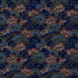 Printed velvet fabric with enchanting landscape of abstract clouds design in multicolours, for upholstery and curtain use.
