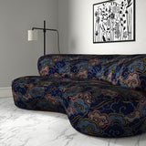Velvet sofa upholstered in a printed velvet fabric with enchanting landscape of abstract clouds design in multicolours.