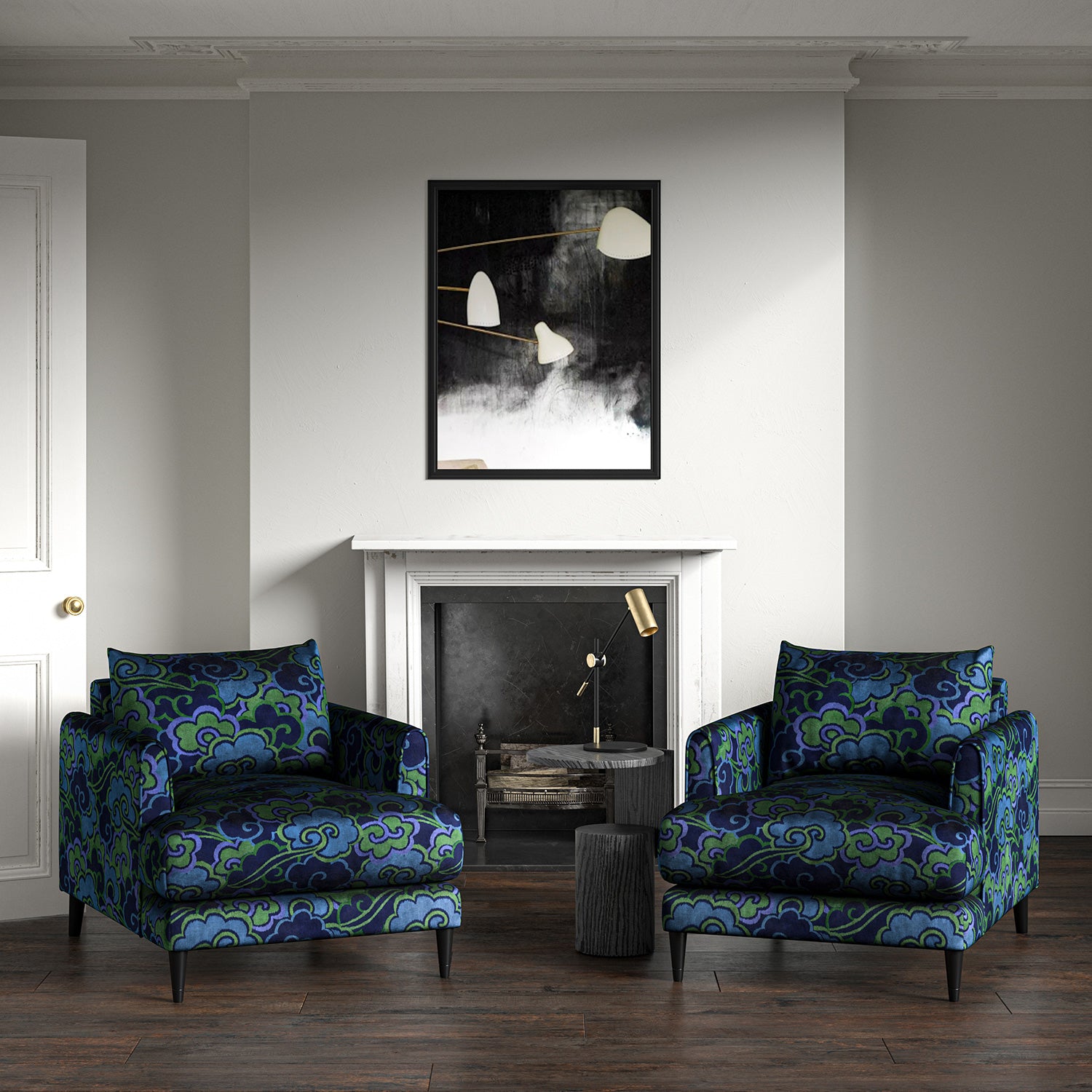 Velvet armchairs upholstered in a printed velvet fabric with enchanting landscape of abstract clouds design in blue and green colours.