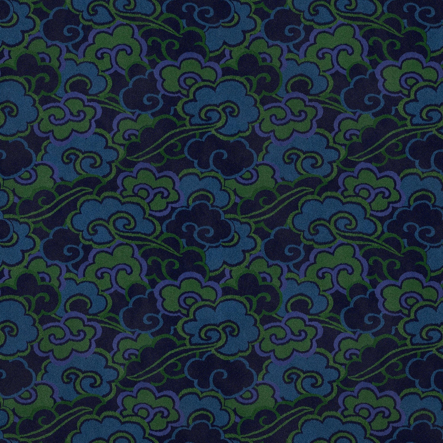 Printed velvet fabric with enchanting landscape of abstract clouds design in blue and green colours, for upholstery and curtain use.