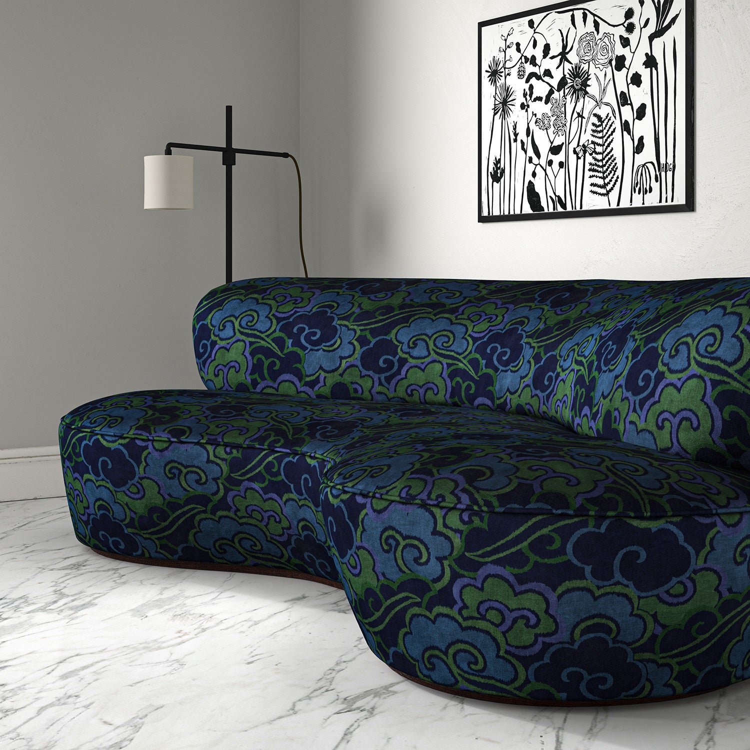 Velvet sofa upholstered in a printed velvet fabric with enchanting landscape of abstract clouds design in blue and green colours.