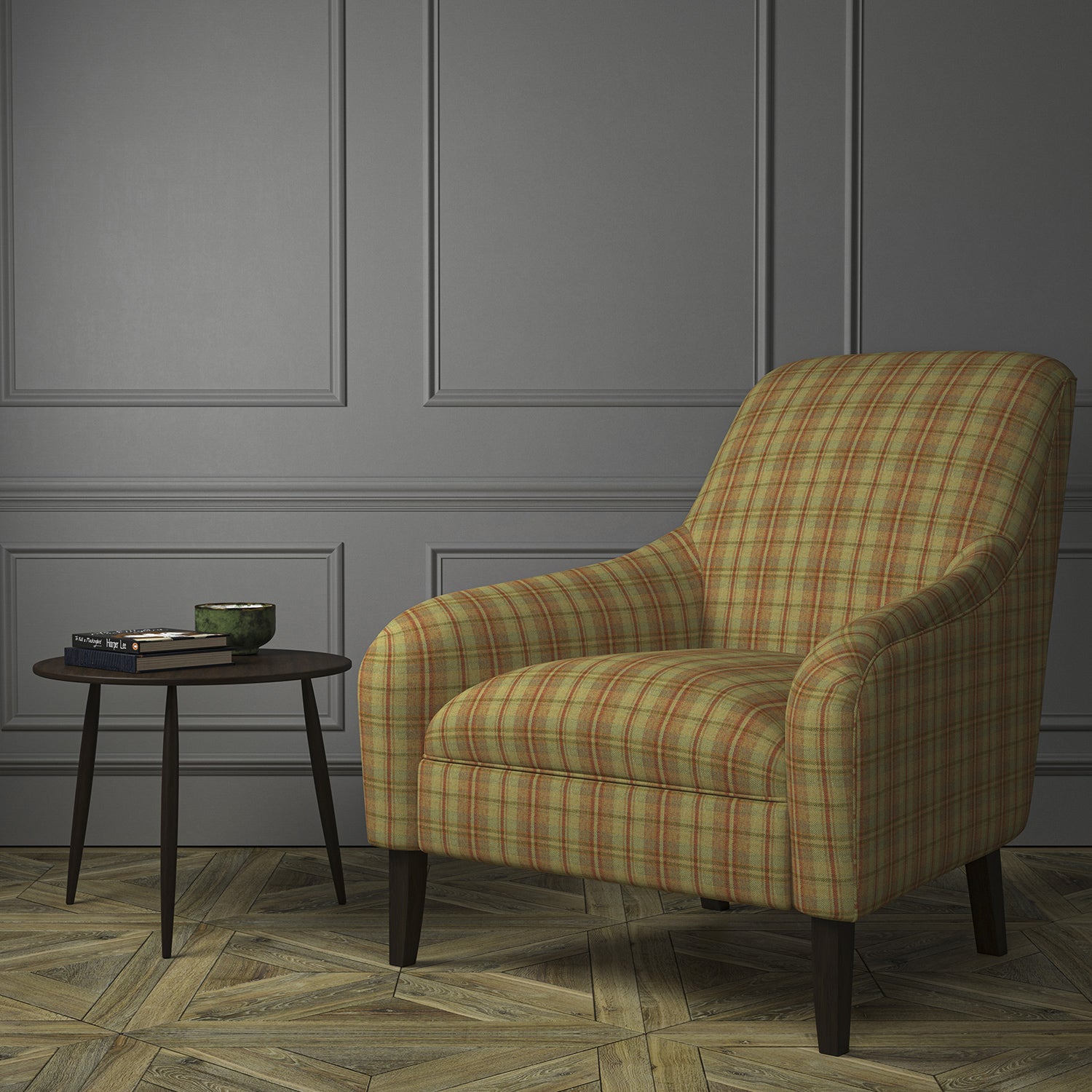 Chair upholstered in a luxury Scottish rust-toned wool tartan upholstery fabric