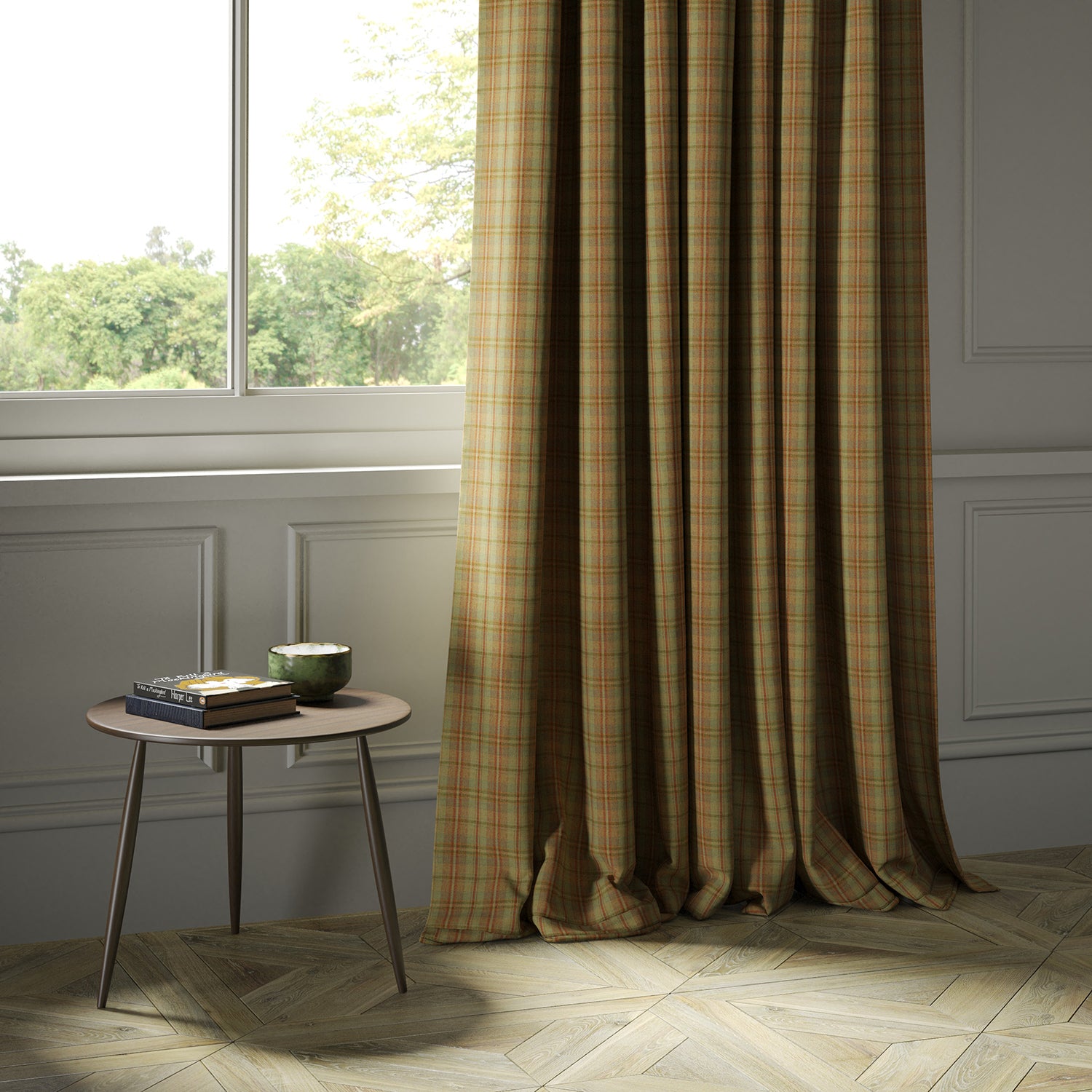 Curtains in a luxury Scottish rust-toned wool tartan fabric