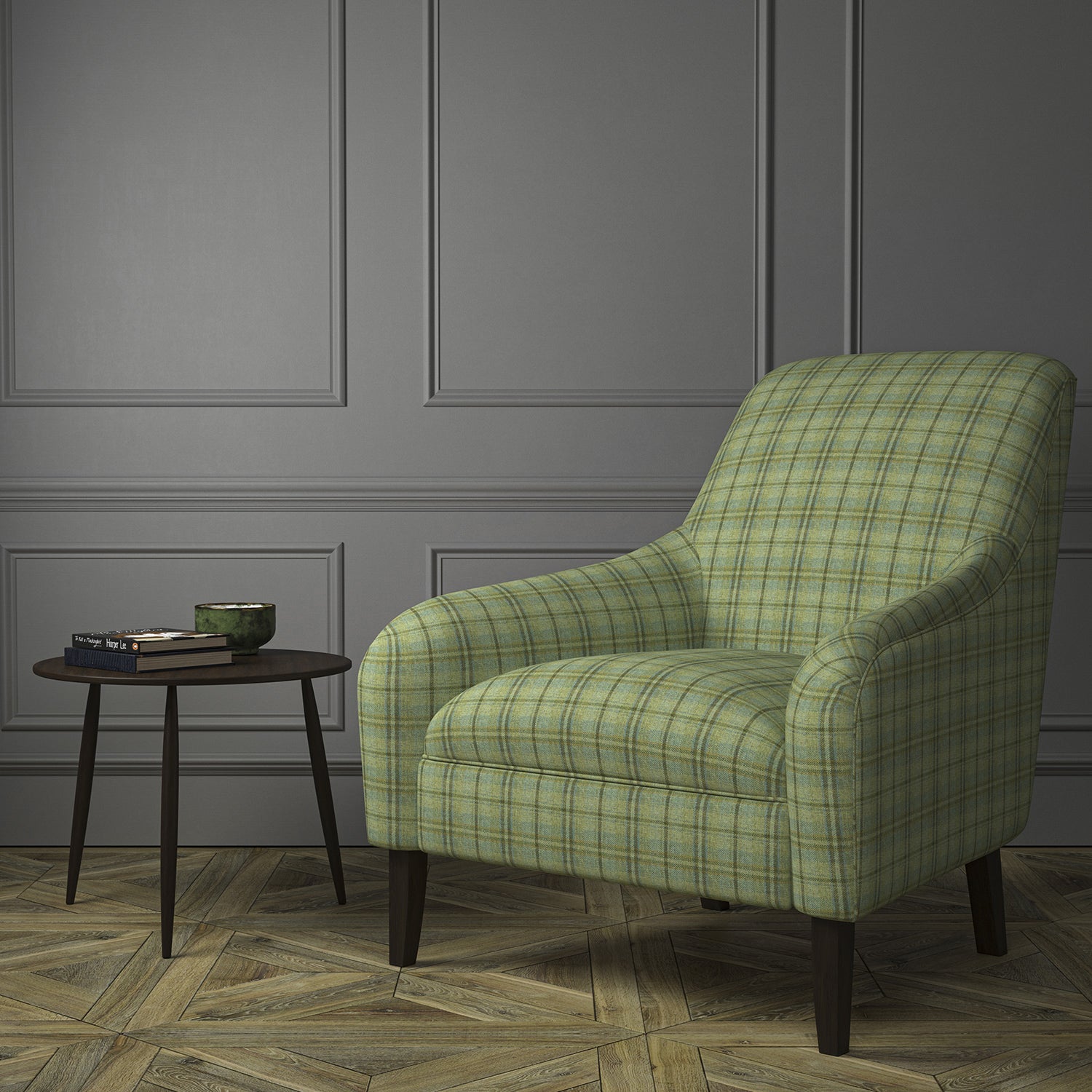 Chair upholstered in a luxury Scottish green wool tartan upholstery fabric