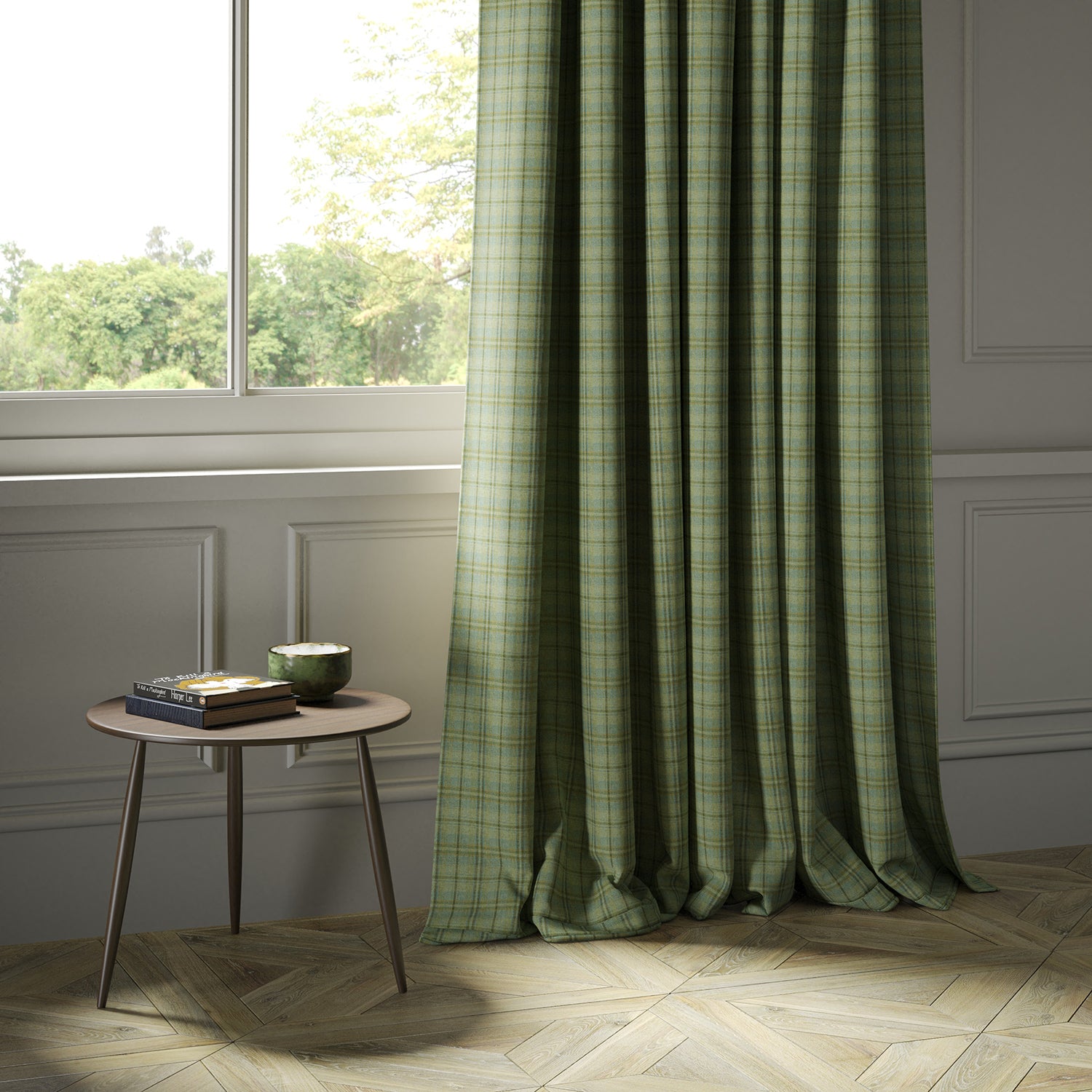 Curtains in a luxury Scottish green wool tartan fabric