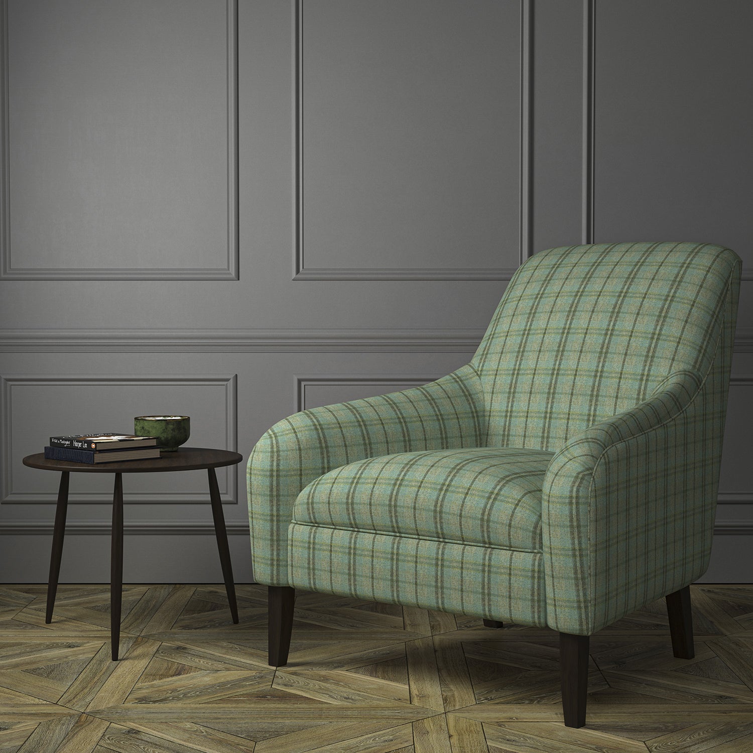 Chair upholstered in a luxury Scottish blue wool tartan upholstery fabric