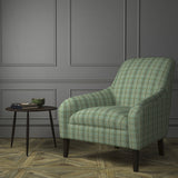Chair upholstered in a luxury Scottish blue wool tartan upholstery fabric