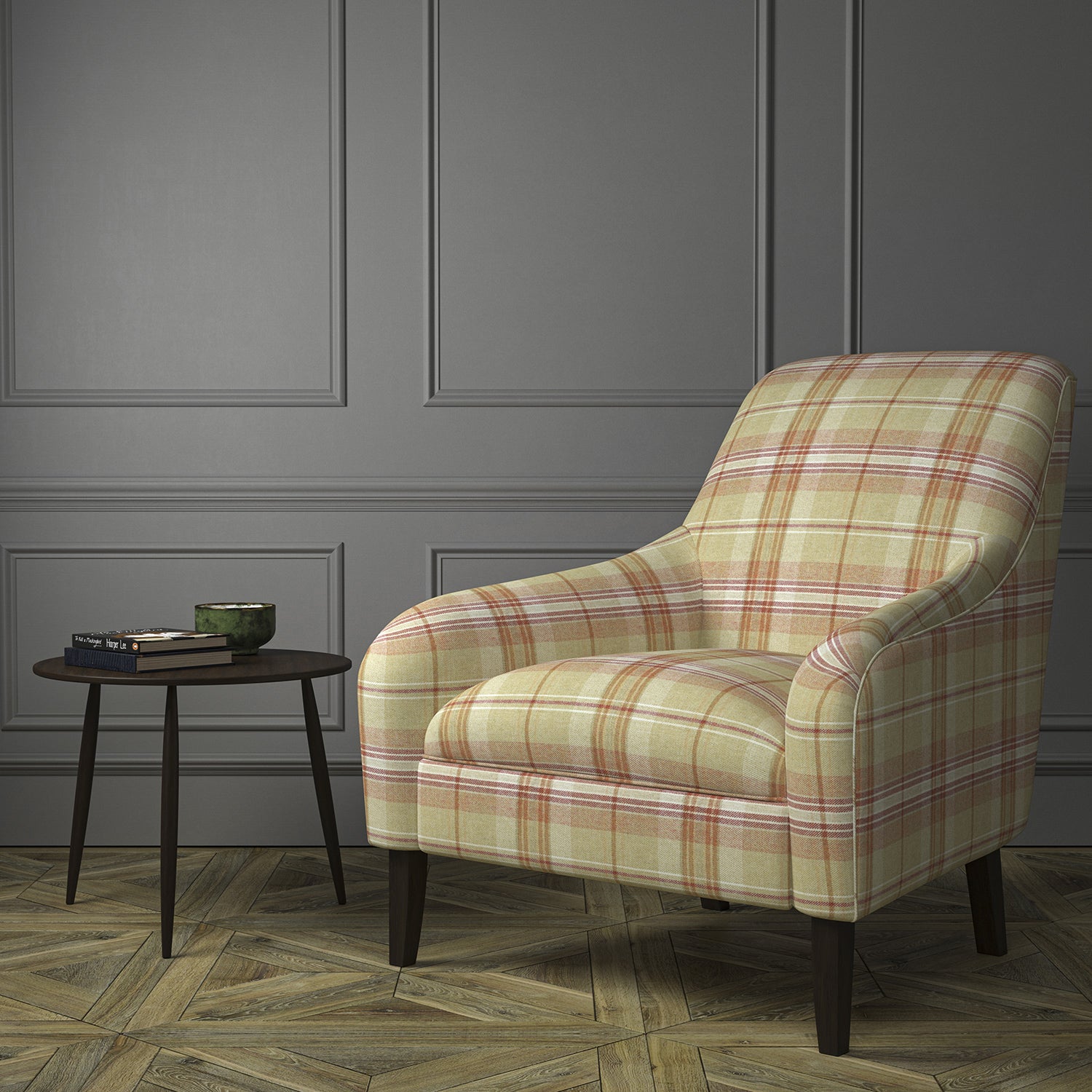 Chair upholstered in a beige and red Scottish wool plaid check fabric