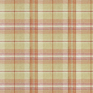 Fabric swatch of a beige and red Scottish wool plaid check fabric for curtains and upholstery