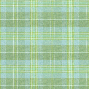 Fabric swatch of a green Scottish wool plaid check fabric for curtains and upholstery