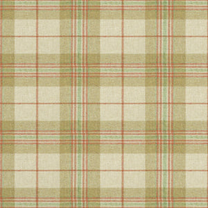 Fabric swatch of a beige and red Scottish wool plaid check fabric for curtains and upholstery