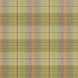 Fabric swatch of a green and red Scottish wool plaid check fabric for curtains and upholstery