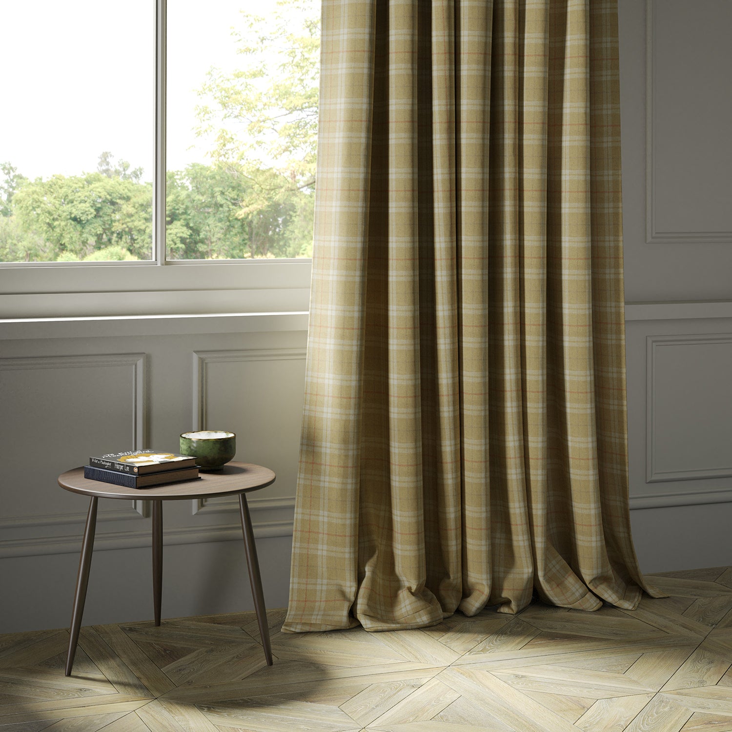 Curtains in a beige Scottish wool plaid check fabric