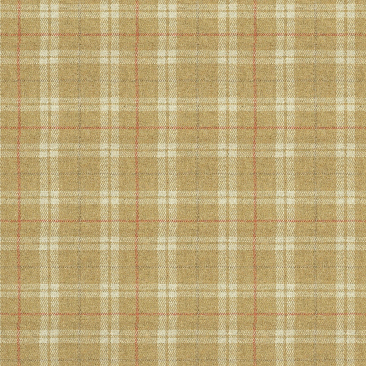 Fabric swatch of a beige Scottish wool plaid check fabric for curtains and upholstery