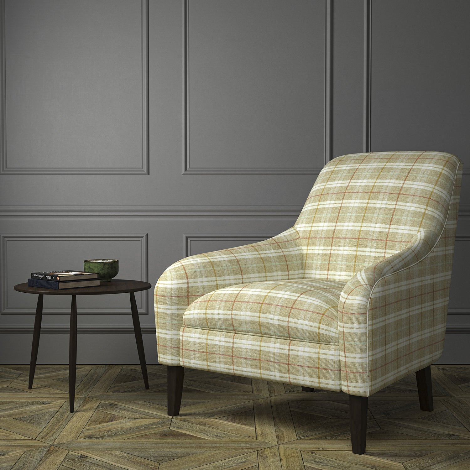 Chair upholstered in a cream Scottish wool plaid check fabric