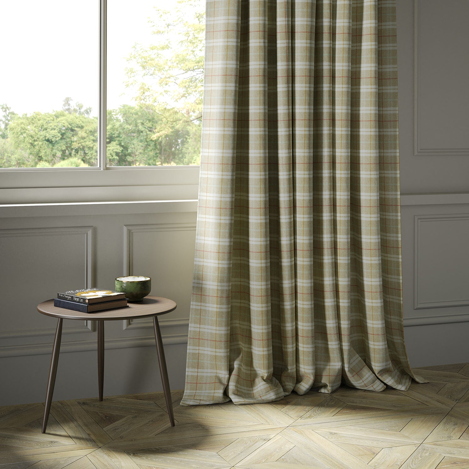 Curtains in a cream Scottish wool plaid check fabric