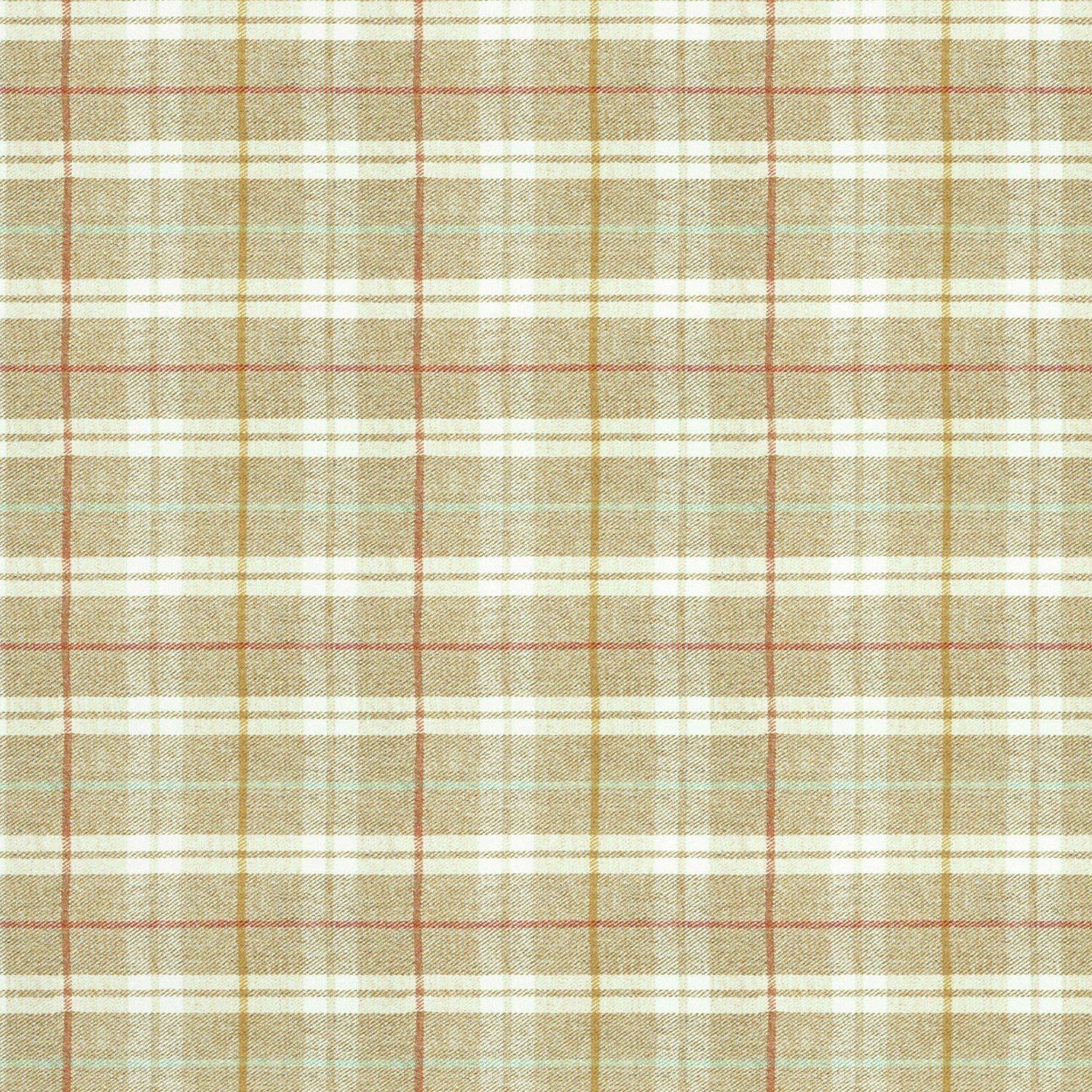 Fabric swatch of a beige Scottish wool plaid check fabric for curtains and upholstery