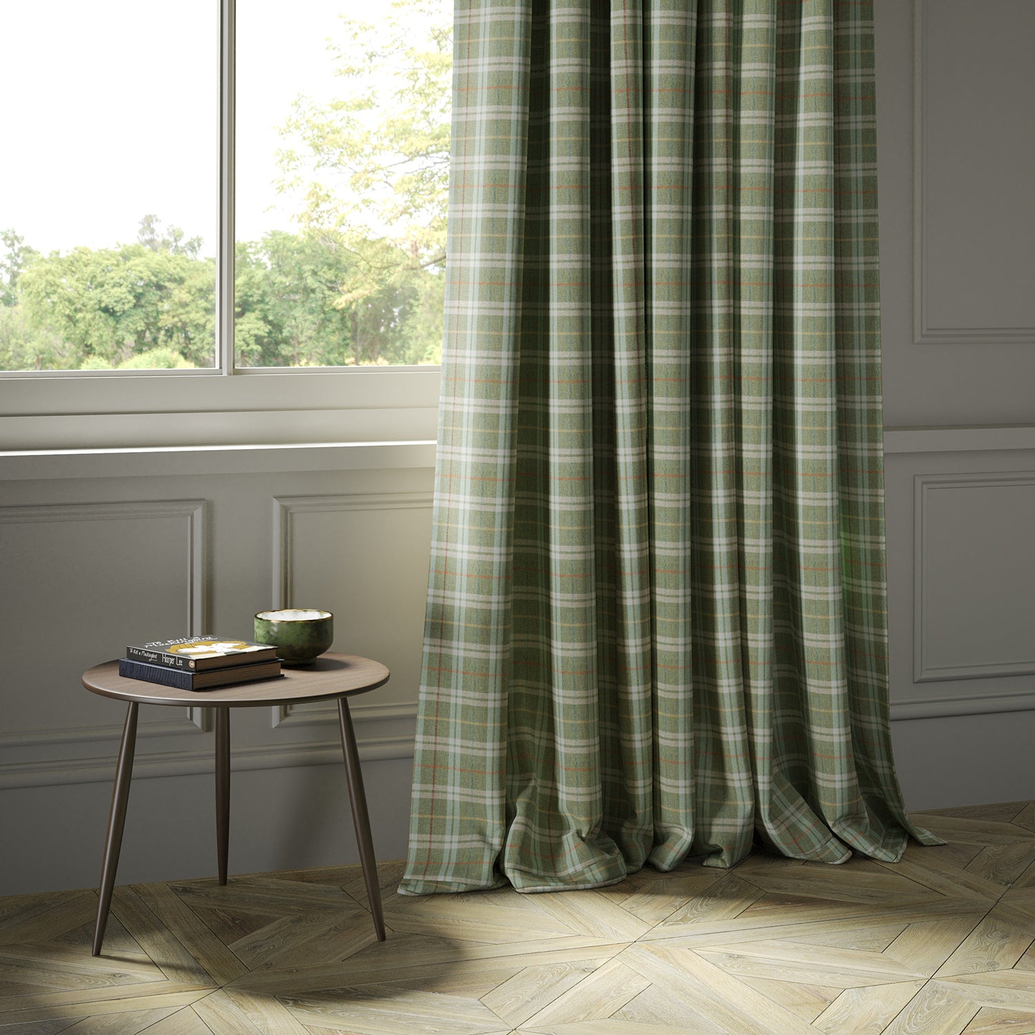 Curtains in a green Scottish wool plaid check fabric