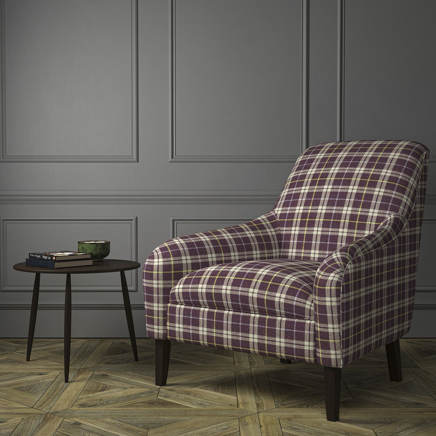 Chair upholstered in a purple Scottish wool plaid check fabric