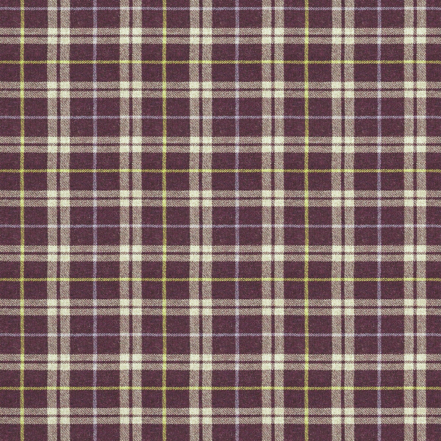 Fabric swatch of a purple Scottish wool plaid check fabric for curtains and upholstery