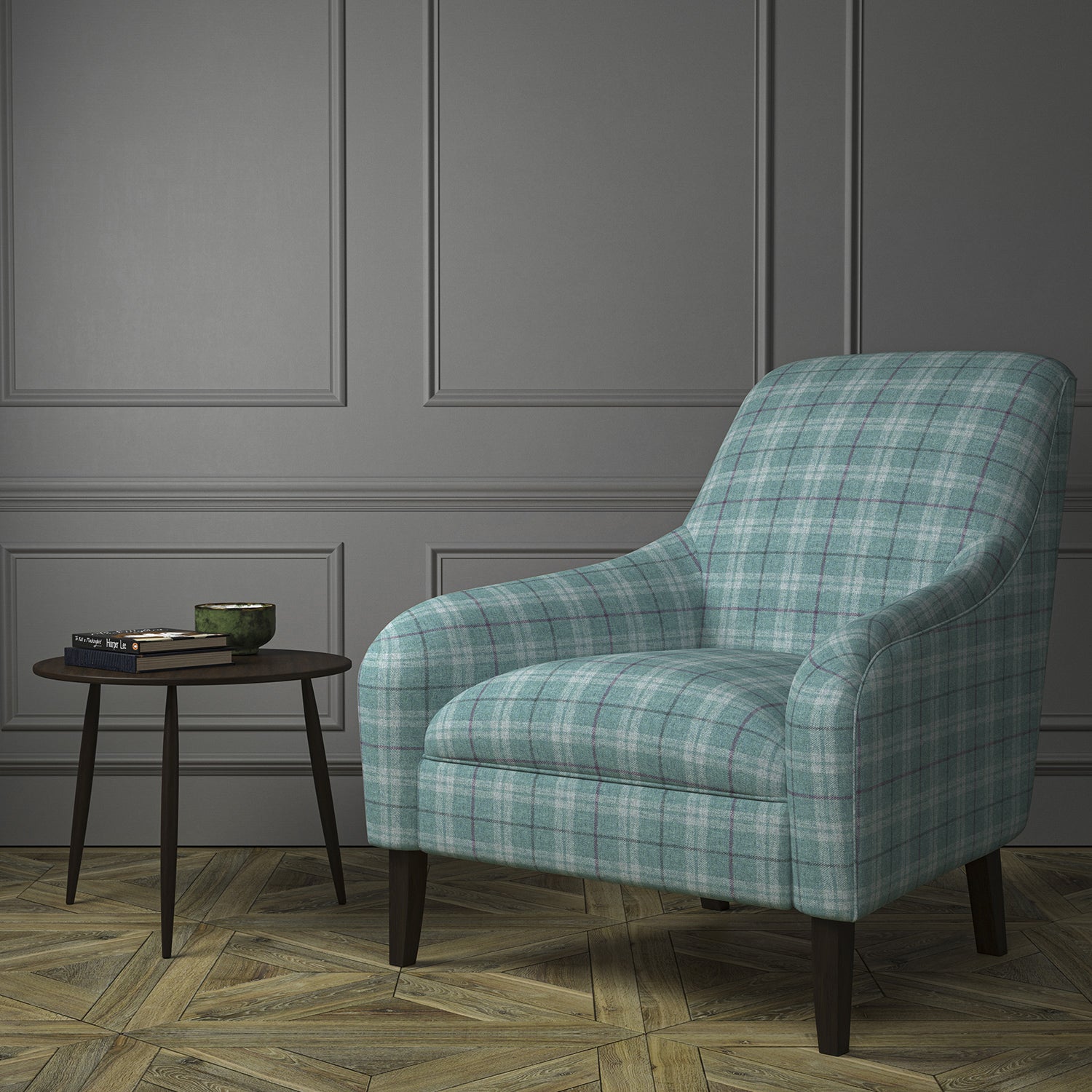 Chair upholstered in a blue Scottish wool plaid check fabric