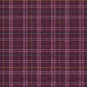 Fabric swatch of a purple Scottish wool plaid check fabric for curtains and upholstery